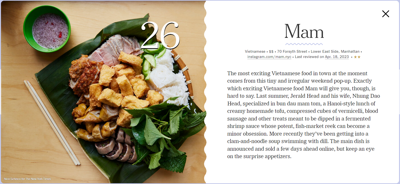 Nhà hàng Việt bán bún đậu mắm tôm 800 nghìn VNĐ/suất ở New York: Lọt top 30 quán ăn ngon nhất của báo Mỹ, thực đơn khiến khách ca ngợi hết lời - Ảnh 1.