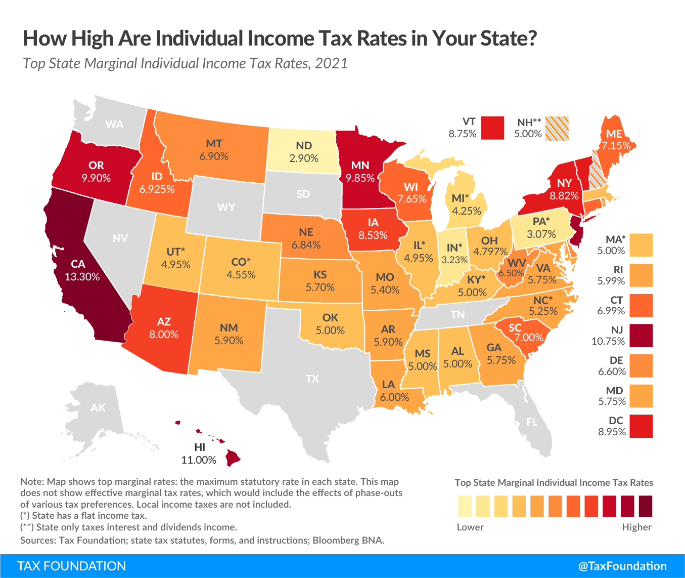 2021 State Income Tax Rates. 2021 State Individual Income Tax Rates. States With No Income Tax. 2021 Top State Marginal Individual Income Tax Rates