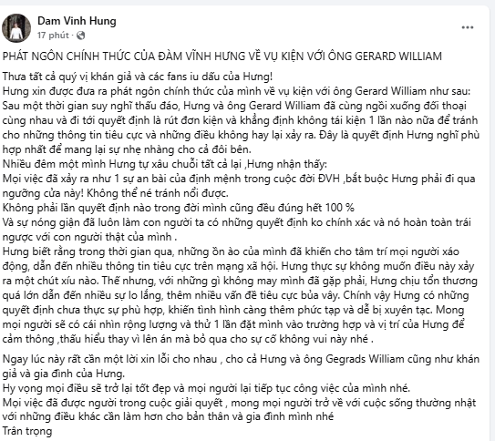 Nóng: Tỷ phú Gerard William kiện ngược Đàm Vĩnh Hưng, nam ca sĩ tâm tư: “Không phải lần quyết định nào trong đời mình cũng đều đúng hết 100%”- Ảnh 1.