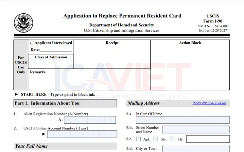 Form I-90 (Đơn xin thay thế thẻ xanh)